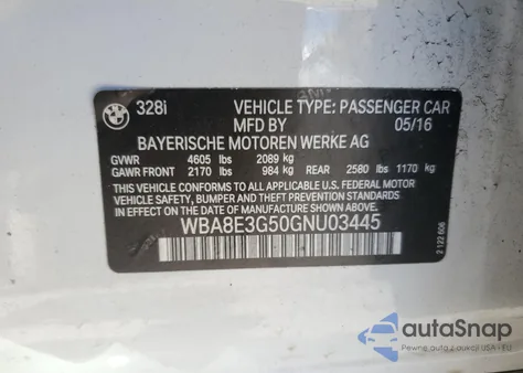 2016 BMW 328 Xi Sulev z USA, uszkodzony, nr VIN WBA8E3G50GNU03445
